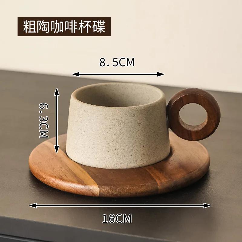 Creative Rustic Ceramic Coffee Cup with Wooden Saucer Artistic Natural Wood Ceramic Tea Cup Office Drink Mug Couple's Water Mug