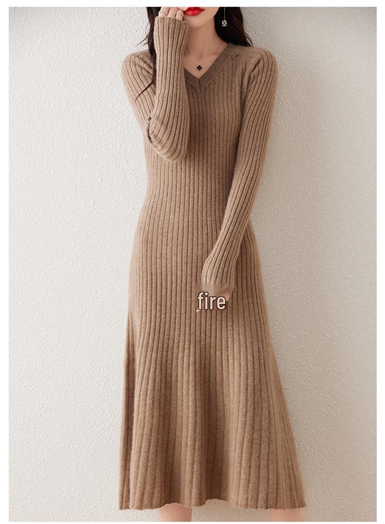 Women's Slim Fit Knee-Length V-Neck Wool Dress with Knit Cashmere Coat