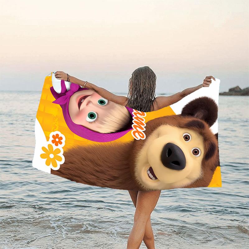 1pc Masha and the Bear4 Beach Towel with Custom Name, Beach/Swimming/Bath/Picnic/Camping Towel, Suitable for Seaside Beaches