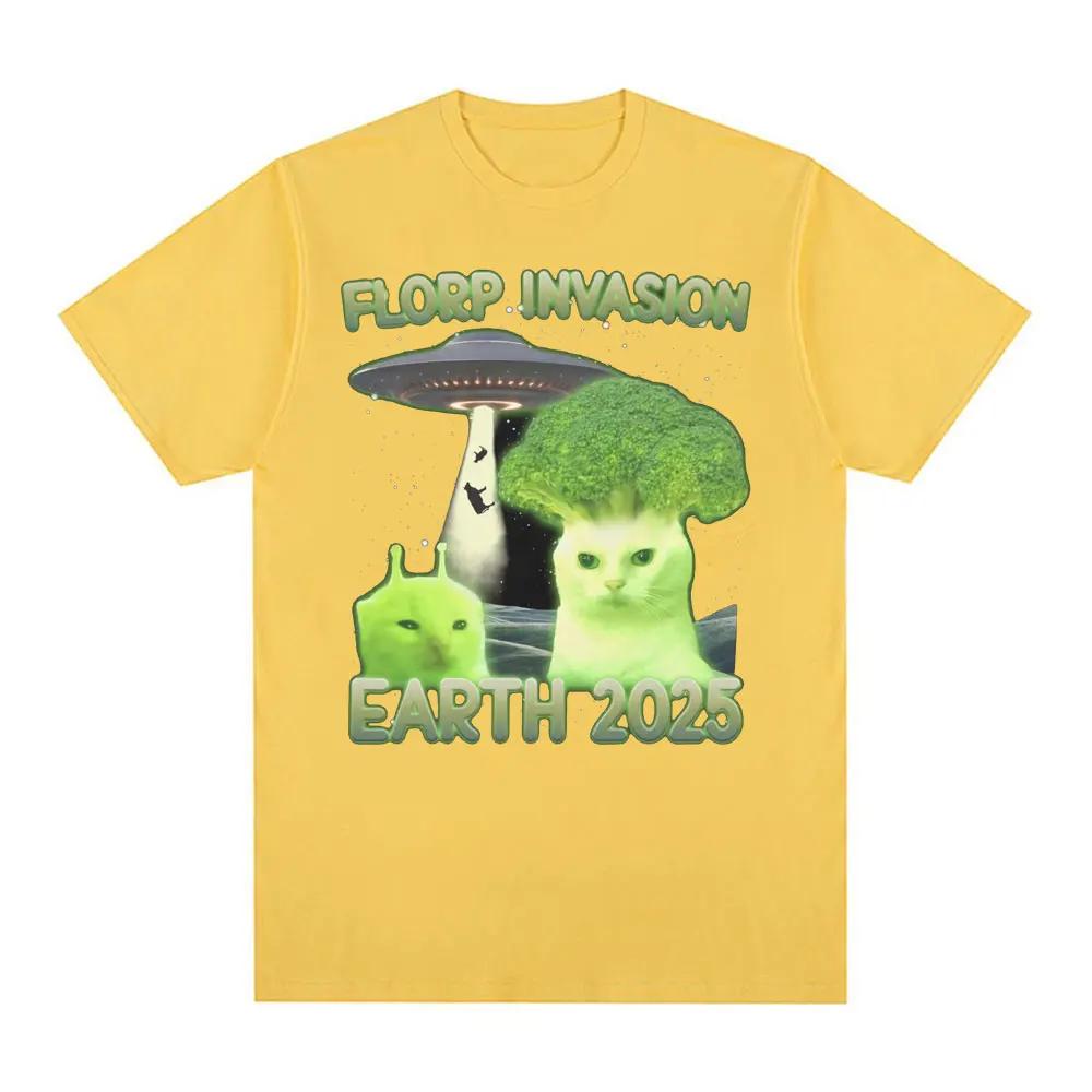 Florp Invasion Earth 2025 Funny Alien Brainrot Cat Dank Meme T Shirts Men Women Clothing Vintage Short Sleeve Oversized T-shirts