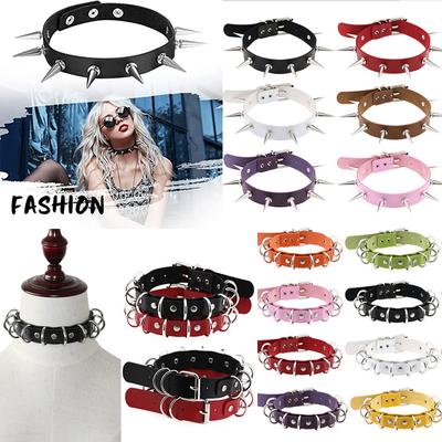 PU Leather Gothic Choker Necklace Sexy Spike Round Ring Clavicle Punk Rock Chain Choker Belt Adjustable Collar Choker Cosplayer Halloween Accessory