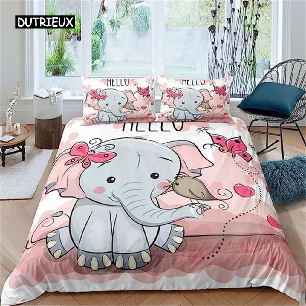 

Пододеяльник с изображением слона, милого животного для девочек и мальчиков, декор комнаты Kawaii, цветочные ветки, пододеяльник с изображением слона, фиолетово-голубого цвета EU single(135x200cm)