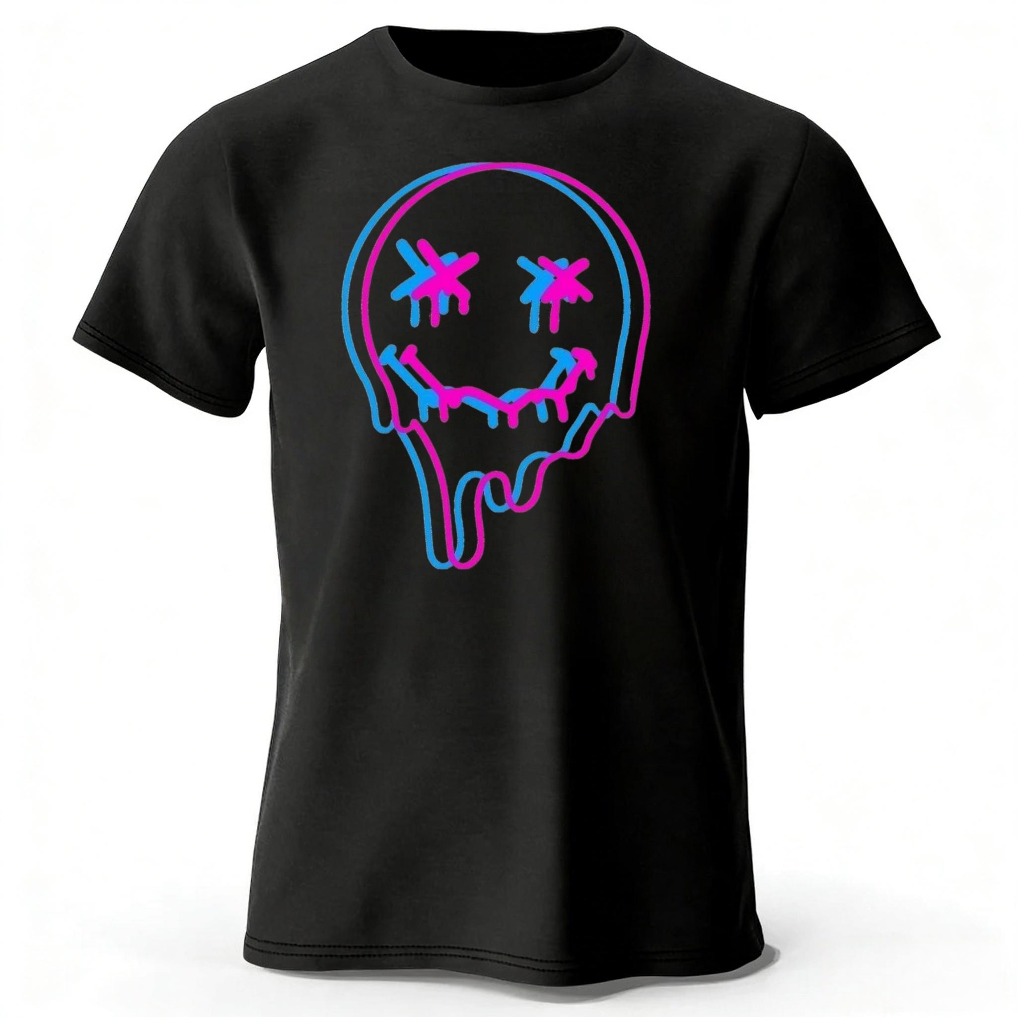 

Neon Melting Smiley Face Highquality Pure Cotton Short Sleeved Men Loose Oversized Comfortable Sports Tshirt Street Casual Top S