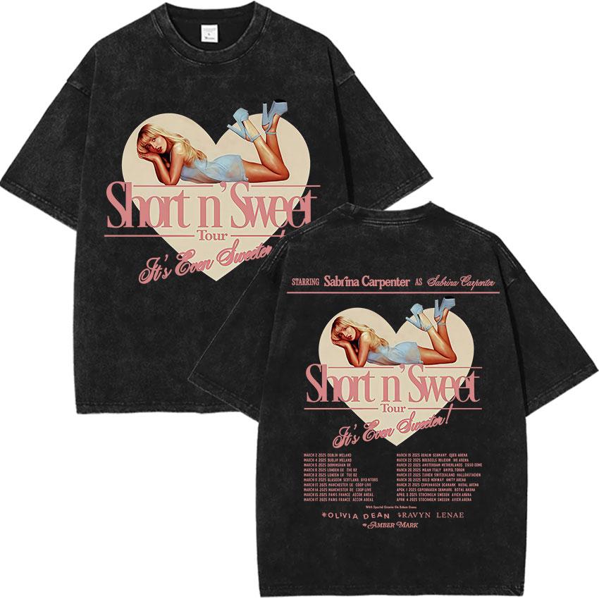 Vintage Vasket Sabrina Carpenter Short N Sweet Album T-skjorte Menn Kvinner Sommer Casual Oversized T-skjorte Y2k Harajuku Klær