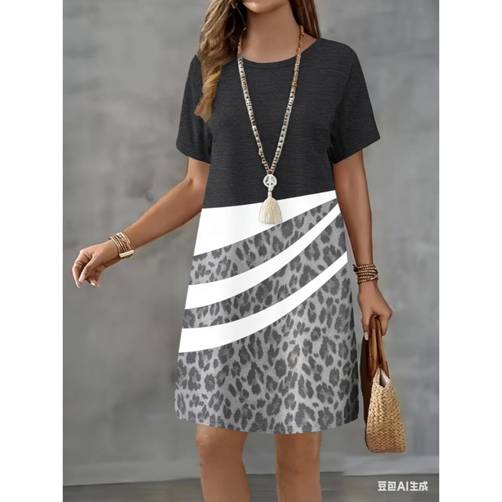 Short-sleeved fashionable yellow leopard print 3D printed women's round-neck loose mini dress for casual wear