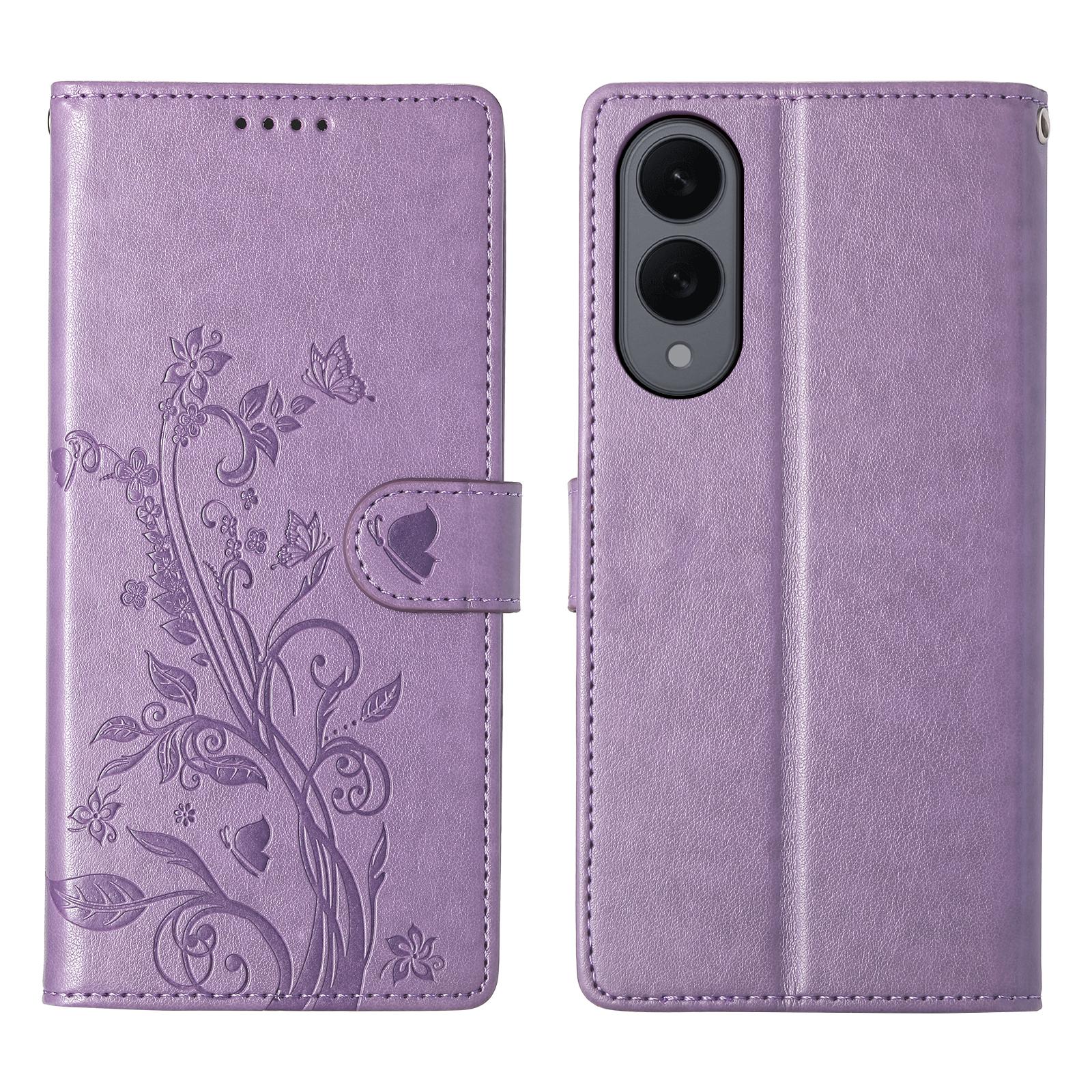 

For Samsung Galaxy S25 Edge Wallet Case Butterfly Floral Imprint PU Leather Phone Cover with Wrist Strap Purple