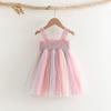 Summer Girls Rainbow Pleated Mesh Spaghetti Strap Princess Dress Cute Children Clothing For Kids Party Wear