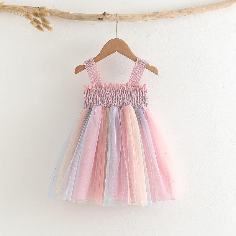 Summer Girls Rainbow Pleated Mesh Spaghetti Strap Princess Dress Cute Children Clothing For Kids Party Wear 90cm