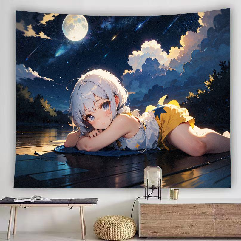 Star Angel Anime Girl Tapestry Night Lotus Pond Sky Lantern Lake Scenery Wall Hanging Calm Aesthetic Bedroom Dorm Decor