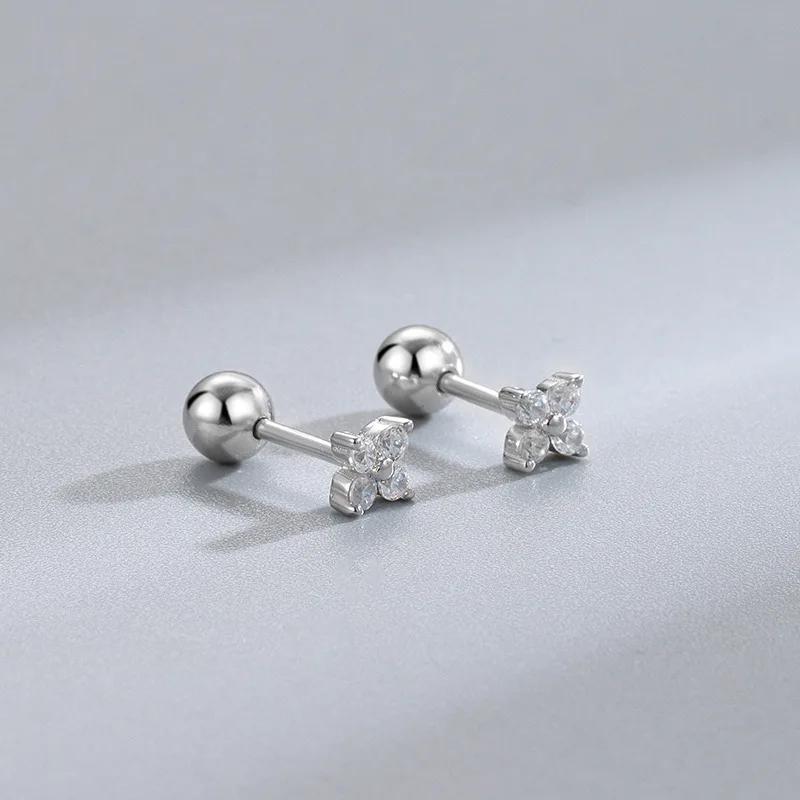 Silver Color Clover Zircon Stud Earrings for Women Sweet Exquisite Screw-Back Ear Piercing Jewelry Birthday Party Gifts