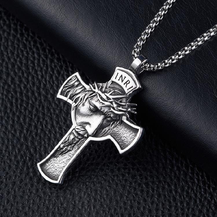 Crown of Thorns Jesus for Cross Necklace Stainless Steel Religious Gift for Men