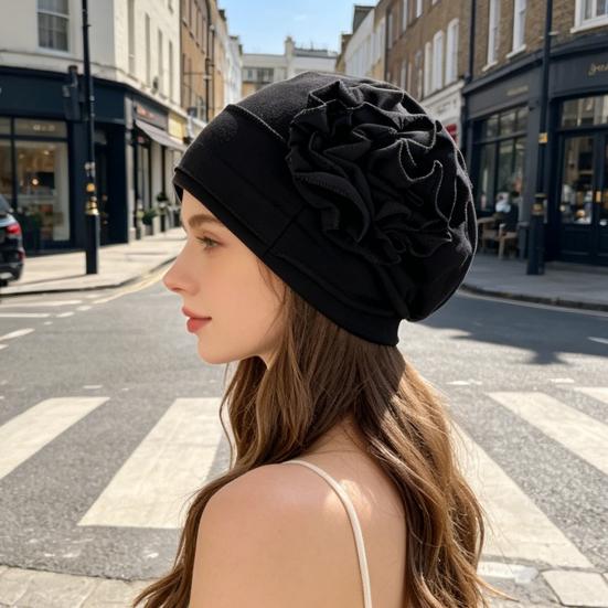 Turban Hat for Women, Side Flower Decor Head Wrap, Pure Color High Elasticity Turban Cap for Sensitive Scalp Postpartum Care Sleep