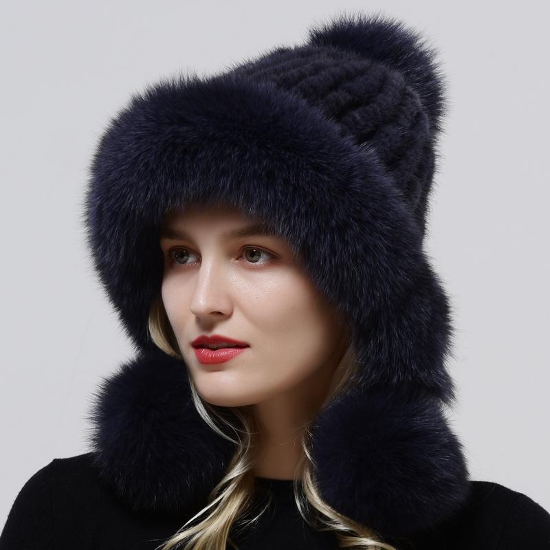Real Mink Fur Hats Knitted Ear Cap Genuine Warm Snow Fluffy Female Fox Fur Hat Outdoor Luxury Woman Hat