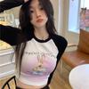 Kawaii Pink Rabbit Print Crop T Shirts Women Harajuku Sweet Cute Graphic Tops Streetwear Vintage Sexy Long Sleeve Tees