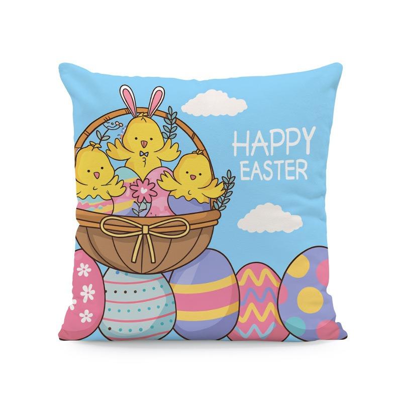 Happy Easter Bunny Egg Pillow Cover 2D Flat Print Peach Skin Plaid Cushion Cover For Couch Living Room Spring Decor 45X45