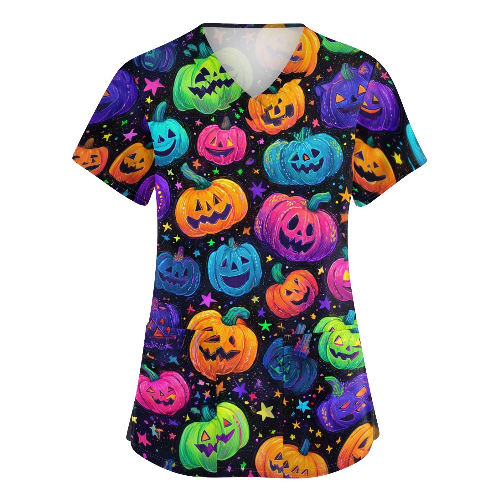 

Women s V Neck Short Sleeve Work Top with Pockets Halloween Pumpkin Spider Web Bat Print Medical Scrub Shirt for Healthcare Professionals XL жовтий