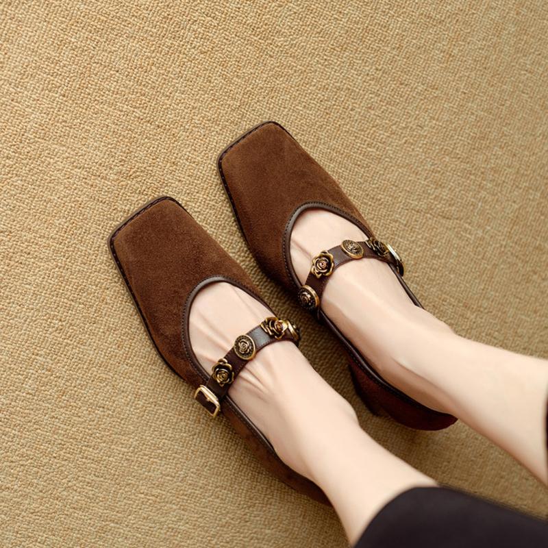 Fashion NEW Spring/Autumn Women Pumps Square Toe Chunky Heel Shoes Sheep Suede Leather Shoes for Women Slip-on Metal Buckle Strap Shoes