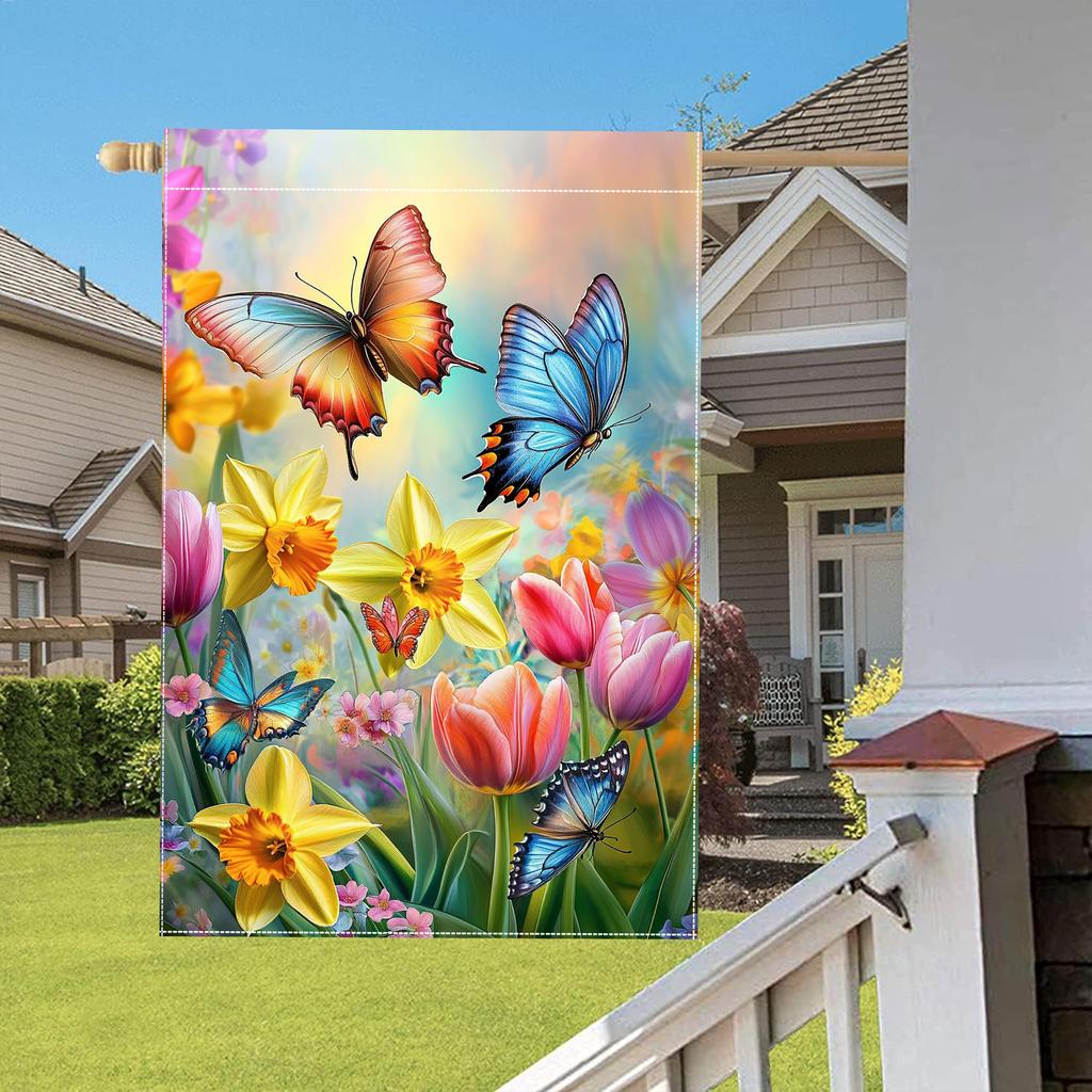 1pc Spring Welcome Butterfly Flower Garden Flag, Polyester, Double-Sided Yard & Outdoor Decor, Lawn Banner, No Electricity Needed