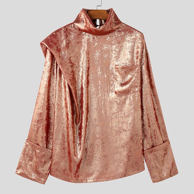 

INCERUN свободные мужские топы с высоким воротом и длинным рукавом с блестками повседневные футболки M красный