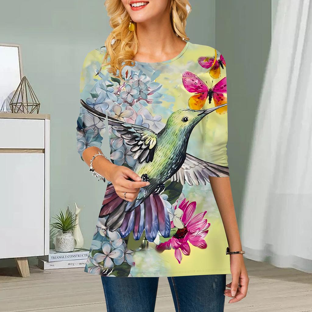 Plus Size Women Flower Deer Head Print Round Neck Casual Loose Long Sleeve Top