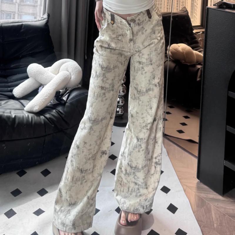 

Свободные широкие брюки в стиле ретро с принтом тай-дай для женщин, осенние прямые повседневные брюки с высокой талией, элегантные модные женские брюки 25109 S