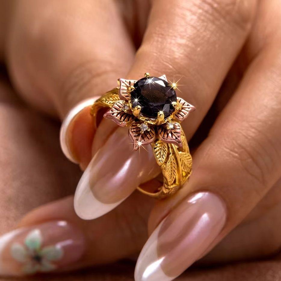 Vintage Purple Flower Ring for Women Inlaid Sparkling Cubic Zirconia Finger Ring Wedding Engagement Anniversary Jewelry Gift