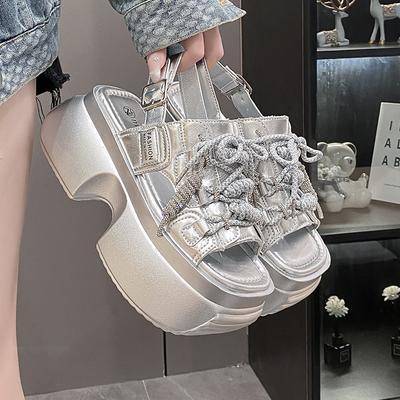 Fashion New Summer Women Leather Chunky Sandals High Platform Trainers Breathable Casual Slippers Shoes Woman 8CM Heels Wedge Sneakers