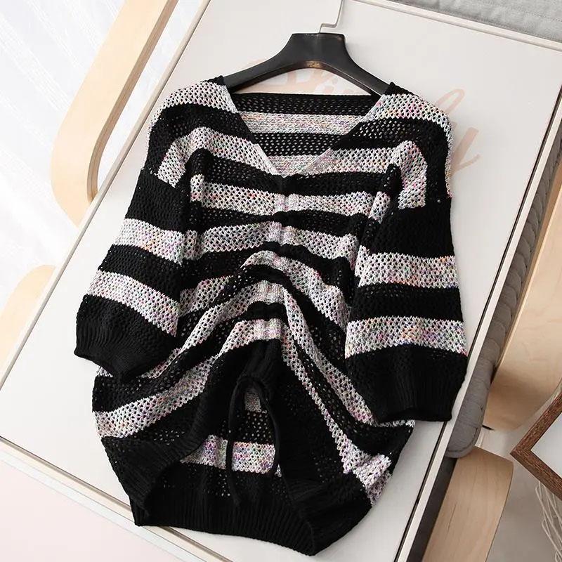 

Вязаный свитер с v-образным вырезом в полоску и короткими гофрированными сборками, женская блузка с защитой от солнца, свободная рубашка, тонкий свитер, топы S чёрный
