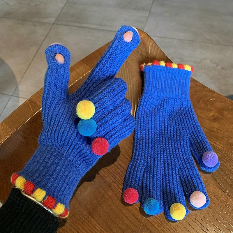 Colorful Ball Gloves for Women in Winter Cute Small Ball Touch Screen Exposed Fingers for Warmth Five Fingers for Cycling Warmth