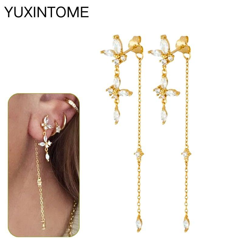 925 Silbernadel Exquisite Weiße Zirkon Steckerohrringe für Damen Geometrische Lange Kette Quaste Ohrringe Luxuriöser Schmuck