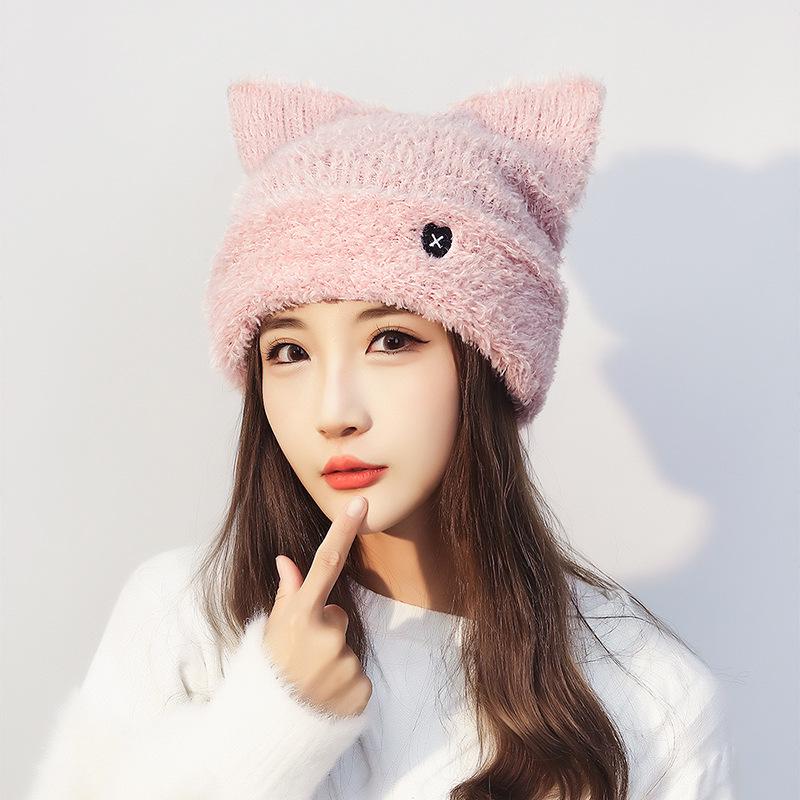 Sweet Cat Ear Knitted Hat: Autumn/Winter Warm, Cute Japanese Style with Heart Embroidery for Women