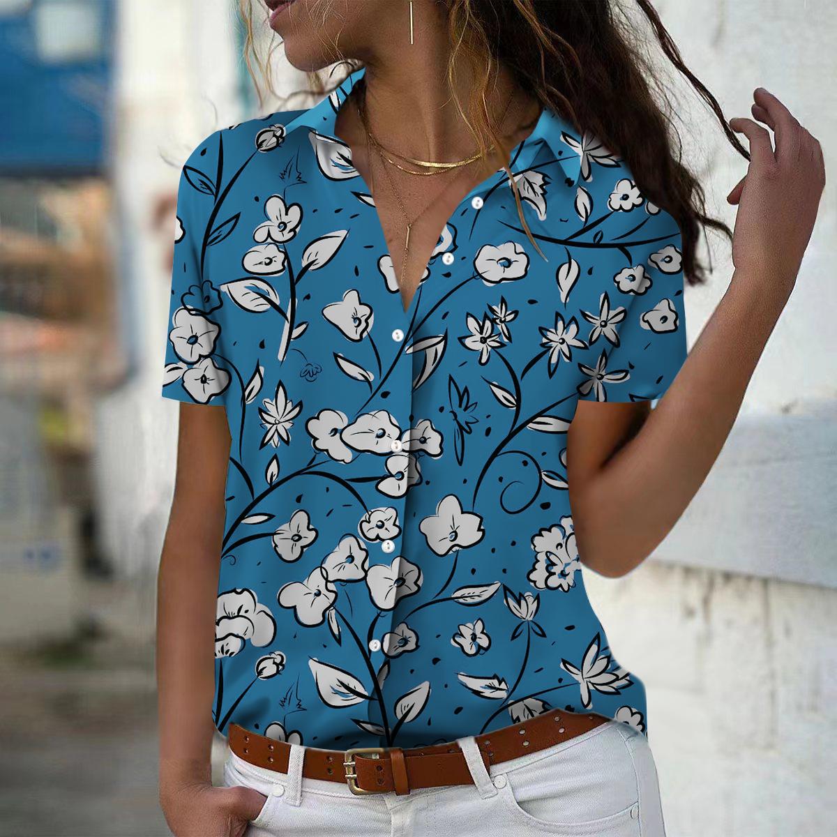

Лето 2025 Новая Мода Женская Блузка с Коротким Рукавом и V-образным Вырезом на Пуговицах с Цветочным Принтом S синий