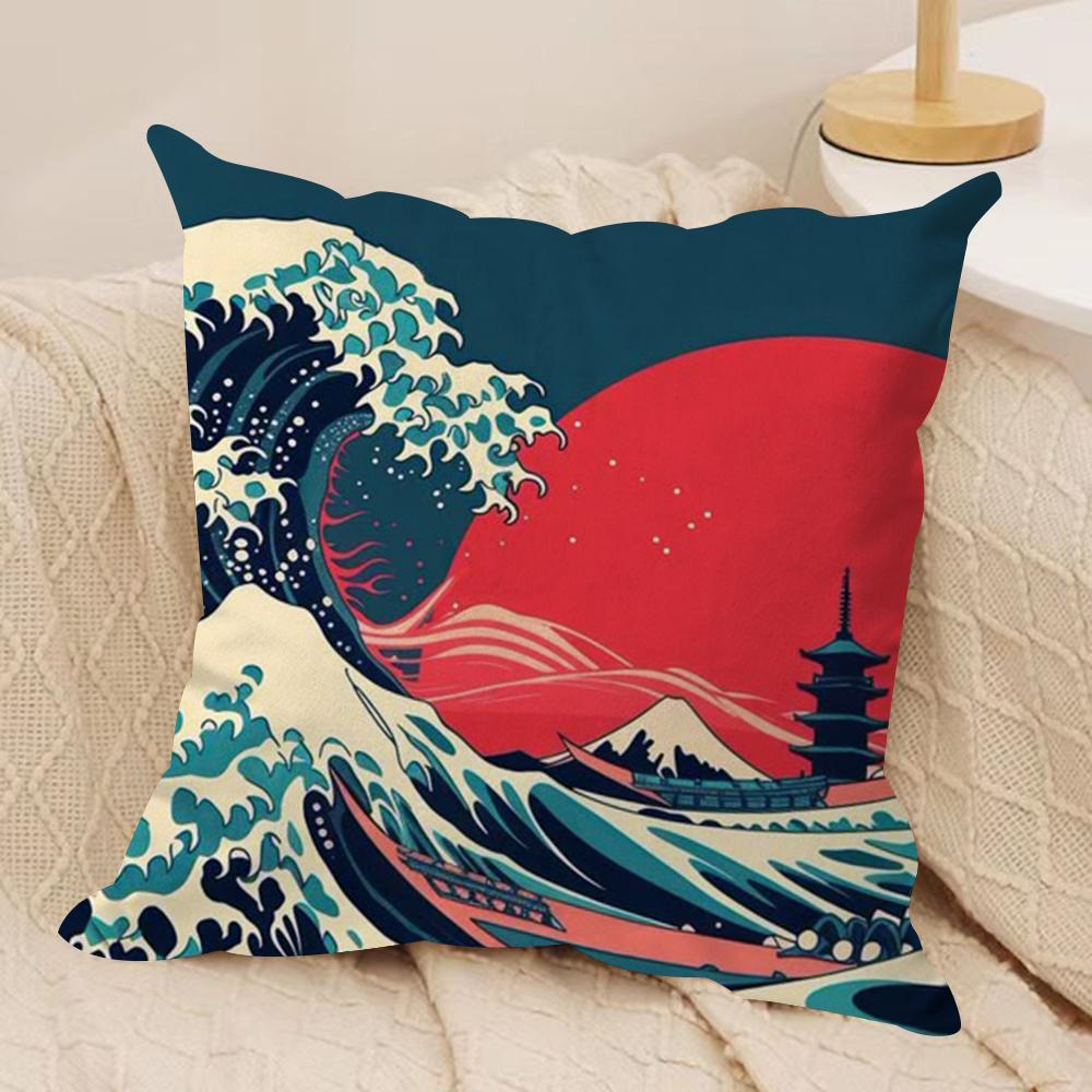 Japanese Waves Cushion Cover Silky Short Plush DoubleSided Printed Pillow Case for Sofa All Seasons Home Decor Gift