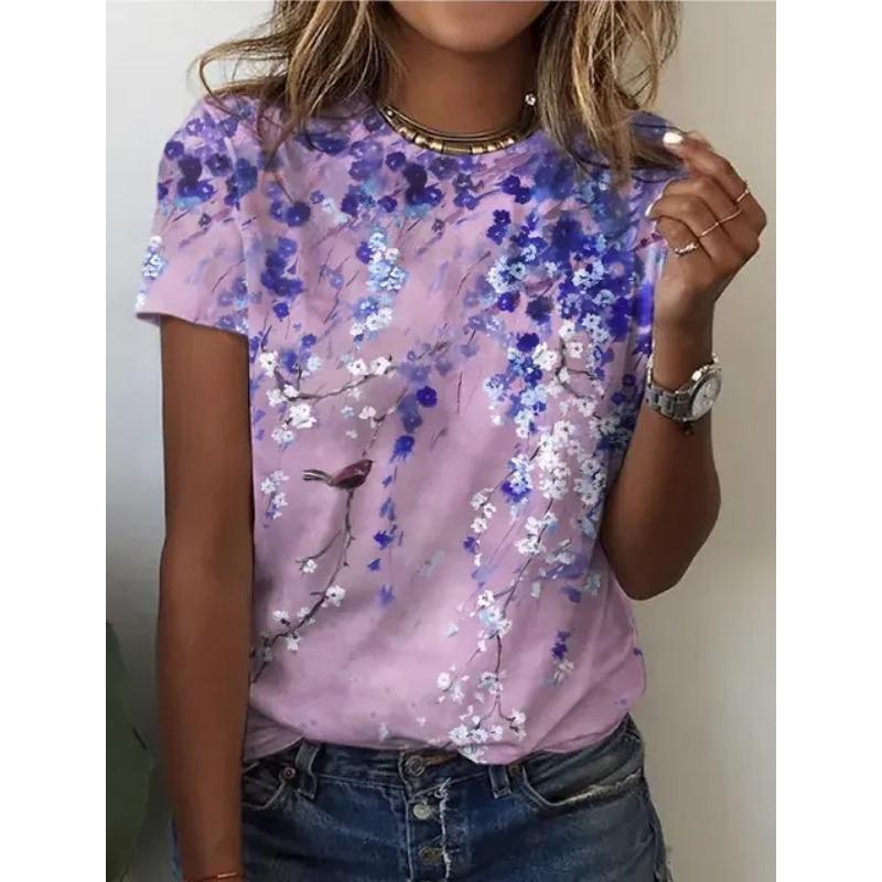 

Camiseta De Manga Curta Com Estampa Floral Feminina Gola O, Camiseta Feminina Verão, повседневная уличная одежда 3XL