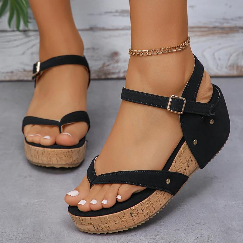 Fashion Camel Wedges Chunky Platform Sandals Women 2024 Summer Clip Toe Thick Bottom Gladiator Sandals Woman Ankle Buckle Beach Shoes