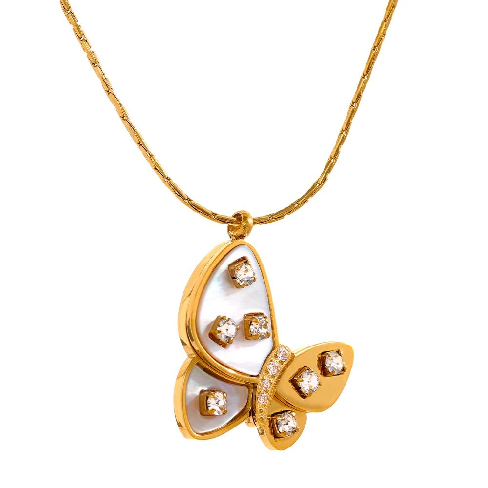 

Yhpup Aesthetic Natural Shell Zircon Butterfly Insect Pendant Stainless Steel Golden Chain Collar Charm Necklace Fashion Jewelry