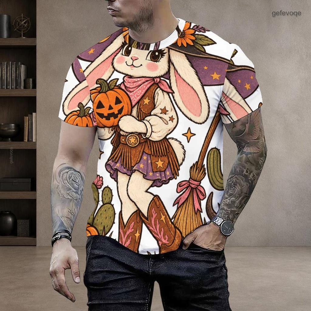Men Plus Size Round Neck Short Sleeve T Shirt Cute Halloween Ghost Pumpkin Printed White Straight Hem Pullover