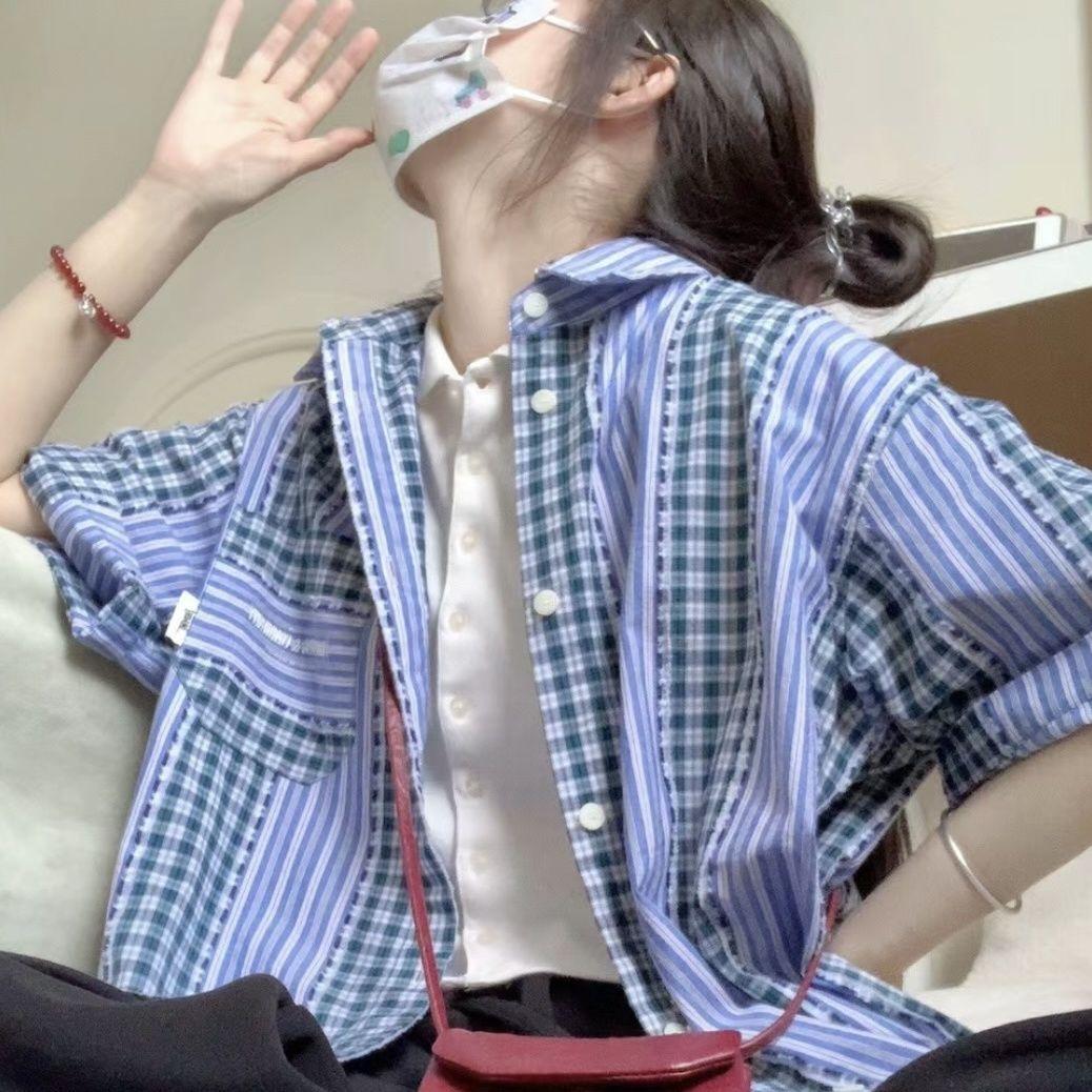 

Женская клетчатая рубашка с коротким рукавом, рубашка с пуговицами и лацканами, повседневные топы контрастного цвета, свободная ретро женская одежда one size