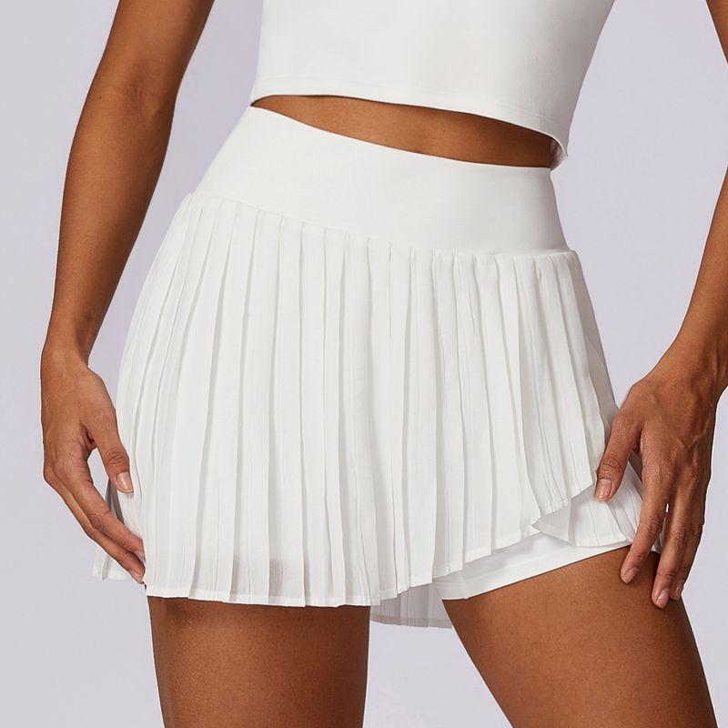 New Arrival Casual Pleated Sports Skirt Women's Fake Two-Piece Quick-Drying Tennis Culottes Fashion Tape Fitness Pantskirt with Pockets