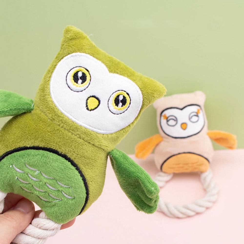Dog Chew Toy Plush Owl with Cotton Rope - Squeaky Interactive Pet Toy for Puppies Small Medium Dogs,