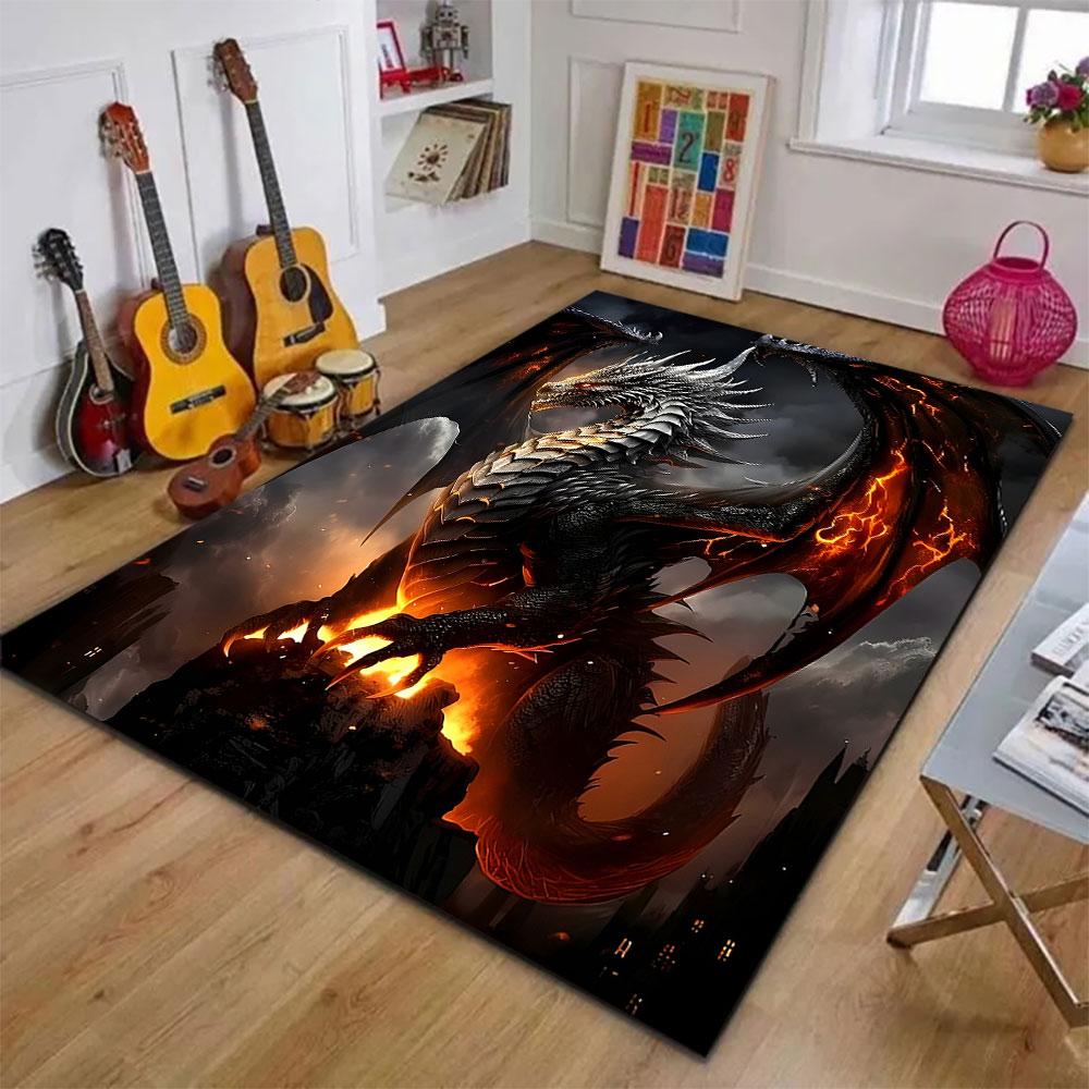 "Fiery Black Dragon in Dark Castle Scene" Patterned carpet, suitable as a non slip play mat for the living room and bedroom sofa
