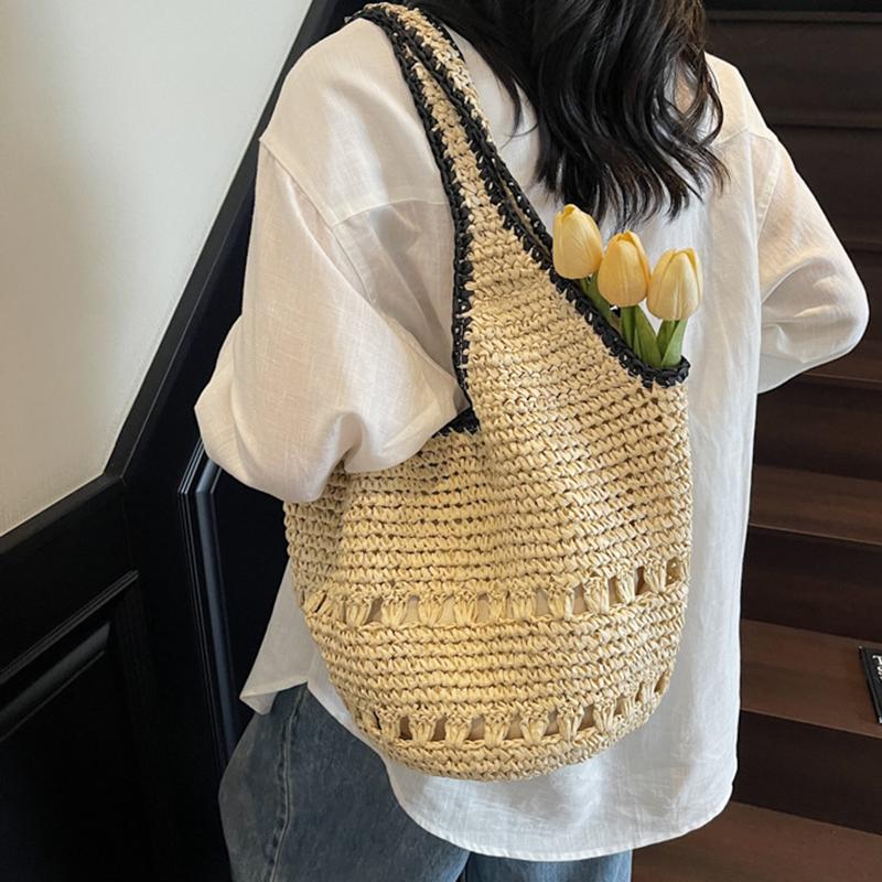 Yogodlns Straw Tote Bag Large Capacity Straw Bag For Women Woven Fashion Handmade Boho Shoulder Bag High-end Seaside Vacation Beach Bag