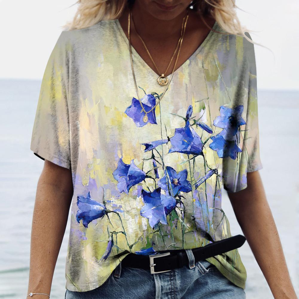 Summer V-neck 3D Flower Butterfly Printed Top Fashionable Casual Short Sleeved Women's T-shirts