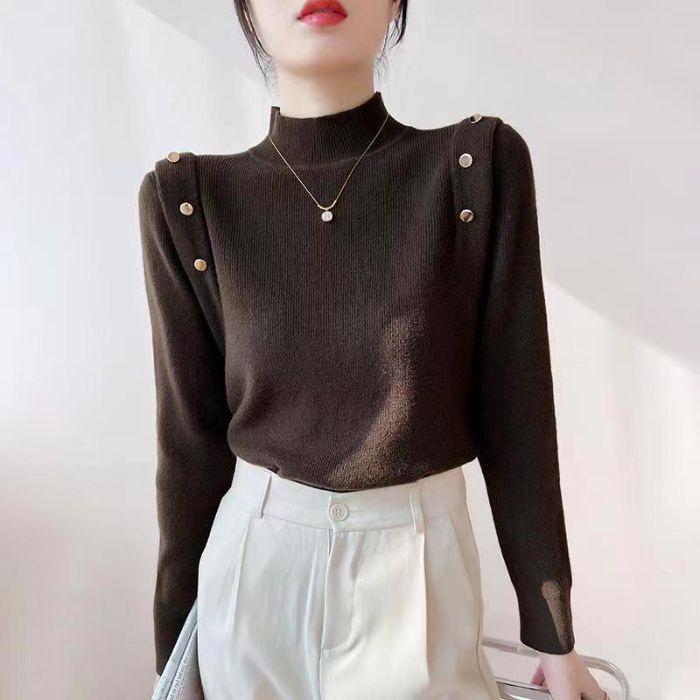 

Женский облегающий черный вязаный свитер - Средний высокий воротник, Базовый слой для осени и зимы One Size