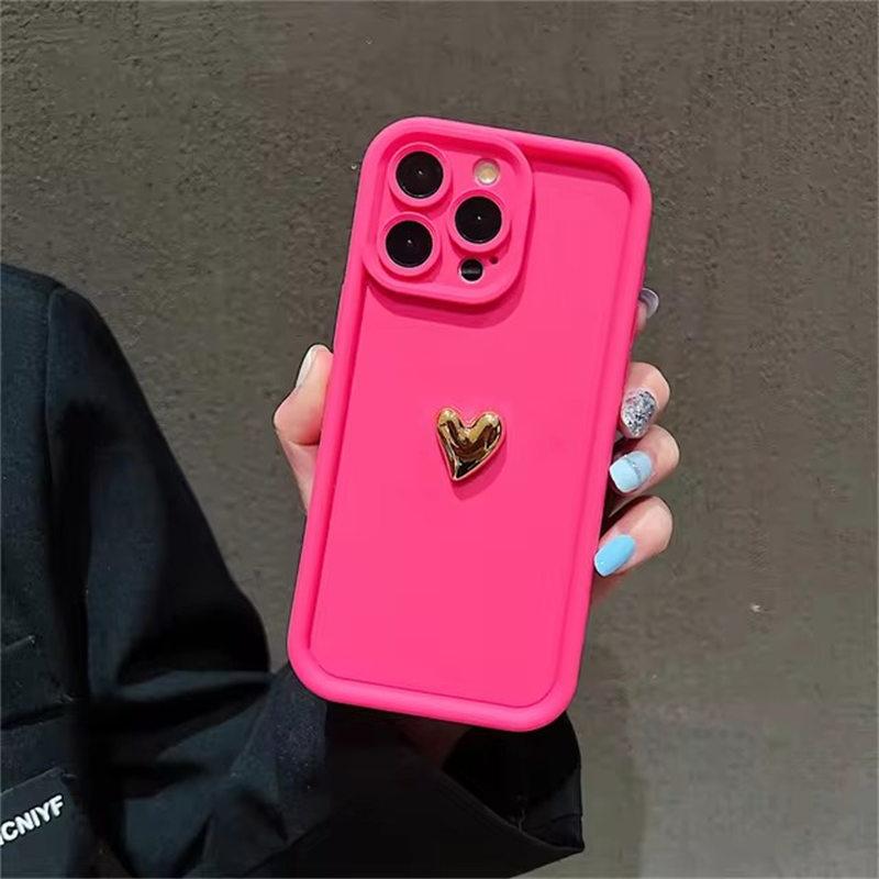 

3D Gold Heart силиконовый мягкий чехол для телефона iPhone 16 15 14 13 12 11 Pro Max XS XR 7 8 Plus SE 2020 противоударный чехол Candy Matte iPhone 13 ярко-розовый