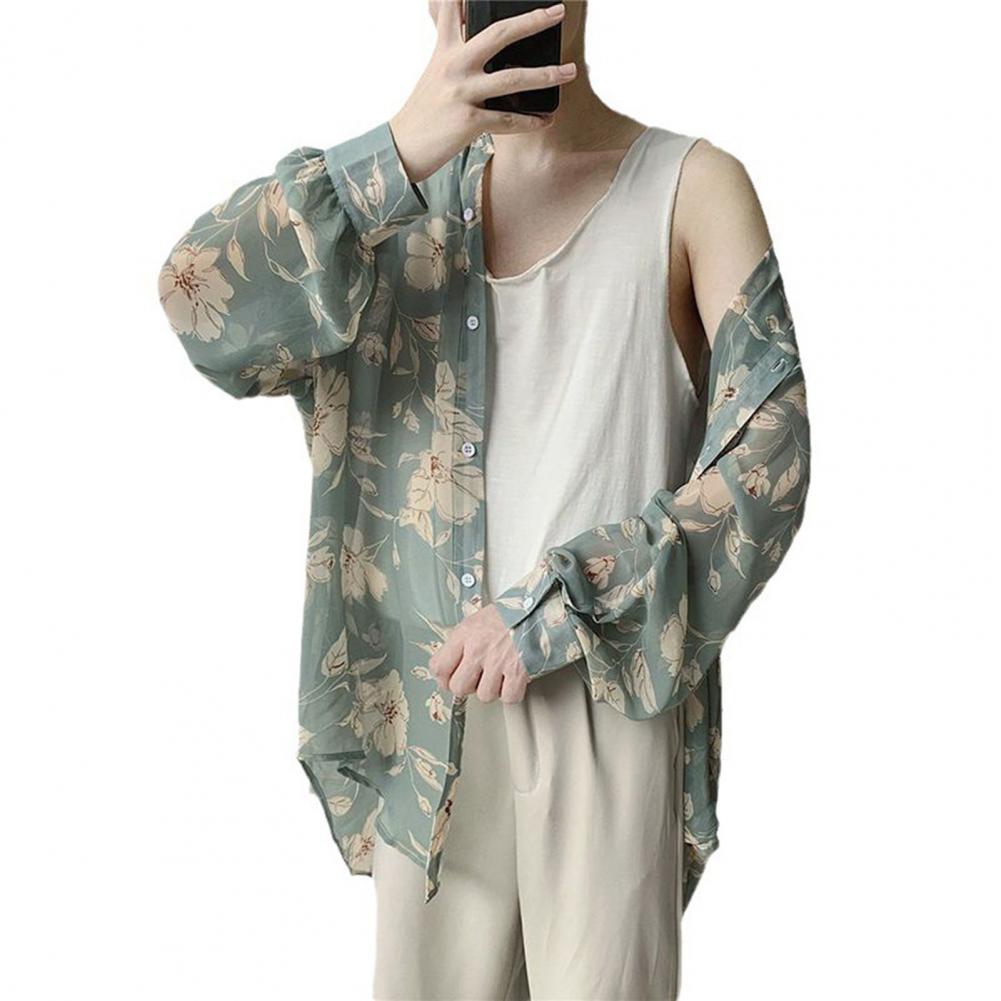 Pánská košile Jednořadá Tištěná Volná Límec s klopami Dlouhý rukáv Jednořadá Knoflíky Tenký Střední délka Kardigan Podzim Jaro