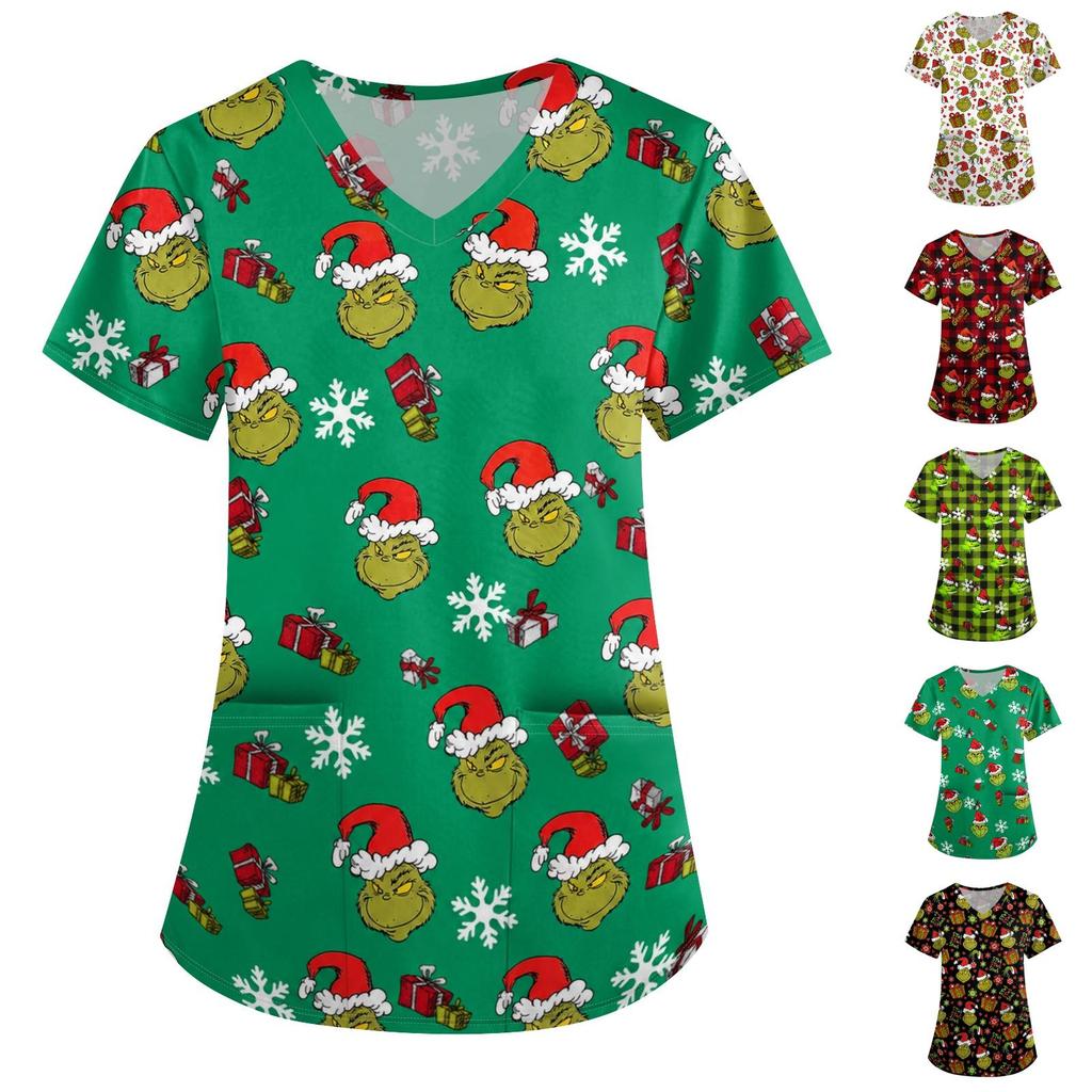 Women's Christmas Print V-Neck Short Sleeve Scrub Top with Pockets, Loose Fit Caregiver