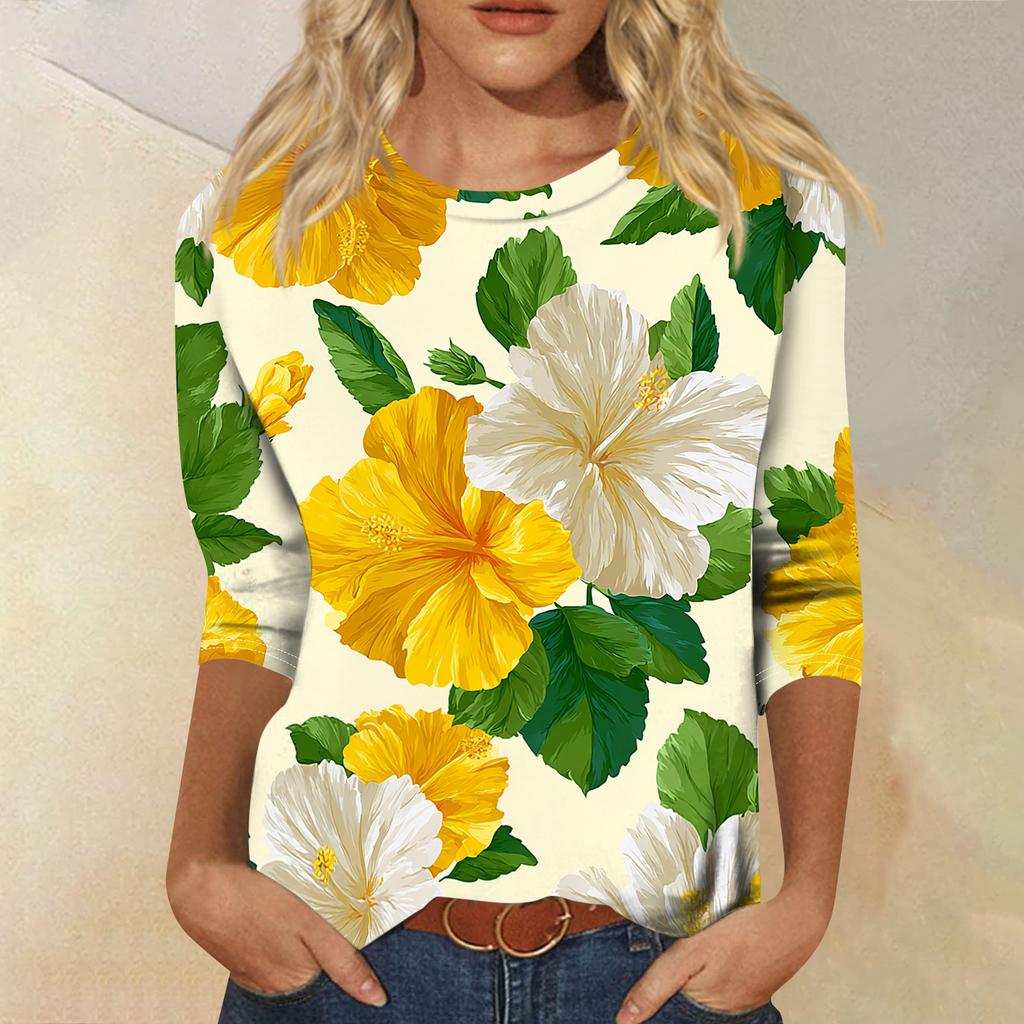 Women's Fashionable Casual Round Neck Three-quarter Sleeve Hawaiian Print T-shirt Top