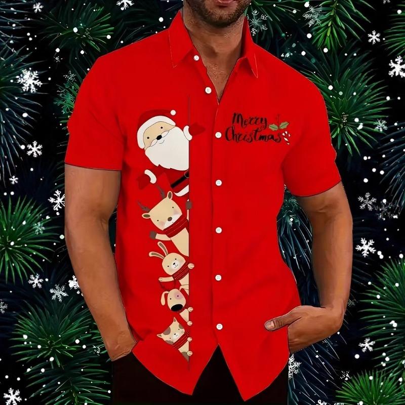 Autumn and Winter Men's Short Sleeved Shirt New Year's Christmas Pattern Digital Printed Shirt Top Men's Casual Shirt
