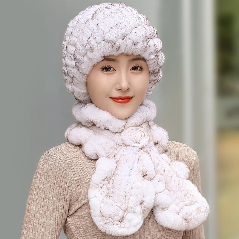 Women Real Rex Rabbit Fur Hat Scarf Set Thickened Warm Winter Rabbit Hat Scarves 2 Pieces For Girls Fashion Outdoor Fur Scarves